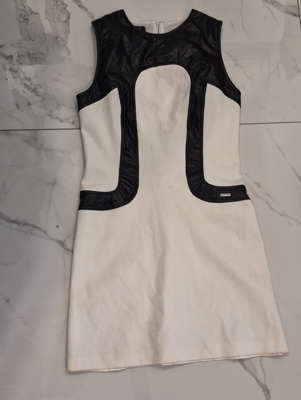 Sleeveless White Mini Dress with Black Faux-Leather Trim